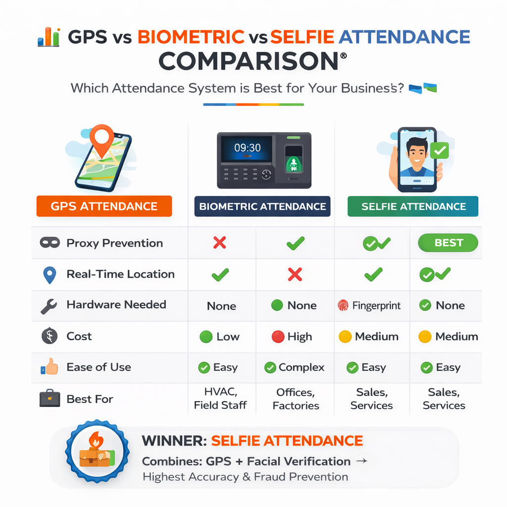 GPS vs Biometric vs Selfie Attendance System